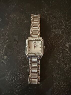 Bulova Silver-Tone Square diamond Accent Watch with White Dial